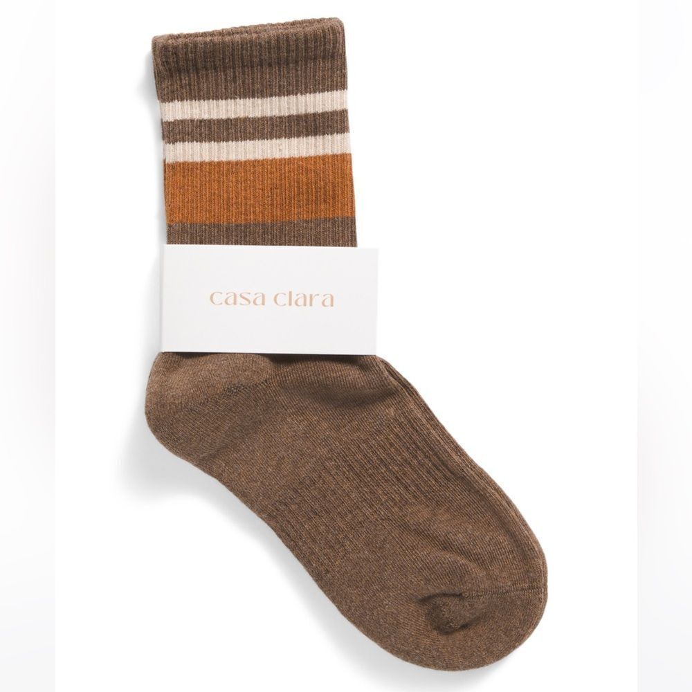 casa clara Lillian Brown Ivory Caramel Ribbed Varsity Stripe Cotton Crew Socks